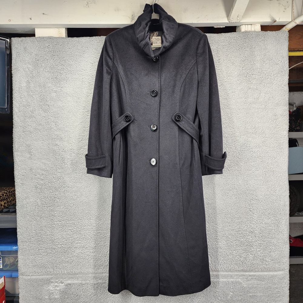 Cinzia Rocca Black 100% Wool Long Coat Made in Italy Funnel Neck Size 10